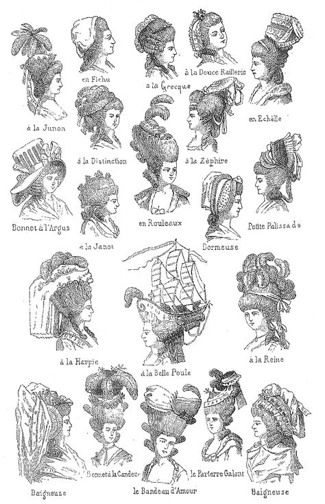 Found this wonderful drawing of over a dozen different 18th century hairstyles. It includes many that might have been warn by Georgina, Duchess of Devonshire. You must click to see the up-do with t... Rococo Hairstyles 18th Century, 1780s Hairstyles, Baroque Hairstyle, 1700s Hairstyles, 18th Century Hairstyles, 18th Century Art, 18th Century Hair, 18th Century Wigs, 18th Century Hats