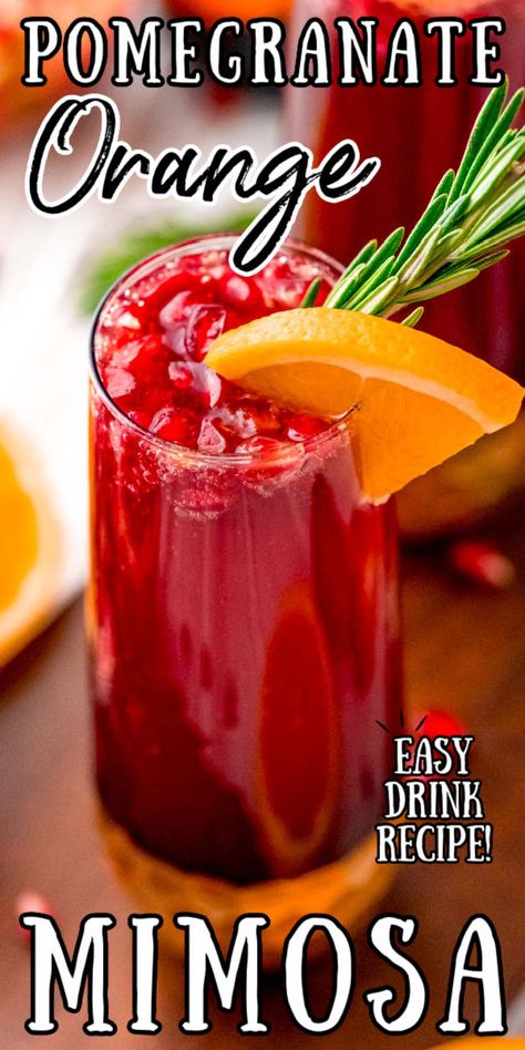 Pom Juice Recipes, Pomegranate Mimosa Recipe, Pomegranate Orange Cocktail, Cocktail With Orange Juice, Drinks With Pomegranate Juice, Orange Mimosa Recipe, Wine Punch Recipes, Holiday Mimosa, Christmas Mimosas