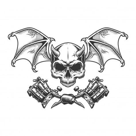 Demon Skull, Skull With Horns, Skull Wings, Evil Tattoo, Demon Tattoo, Skull Art Drawing, Tattoo Machines, Tattoo Design Book, Skull Tattoo Design