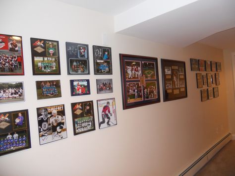 Kids youth sports pictures Kids Sports Pictures, Sports Pictures Display, Athletic Pictures, Picture Display Wall, Random Decor, Picture Gallery Wall, Sports Photo, Upstairs Hallway, Room Redesign