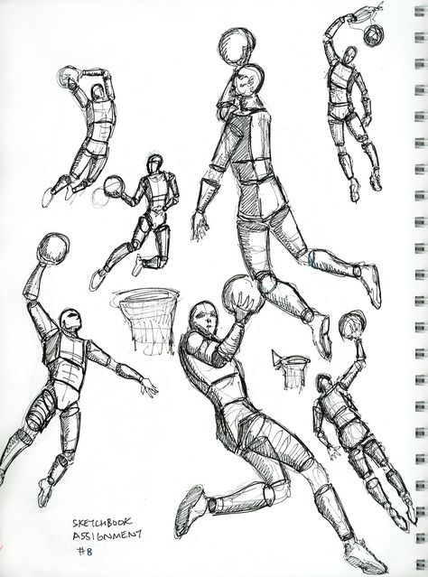 2015 Figure Drawing - Citrus College Sketchbook Homework: Draw several figures in a variety of poses using Cylindrical, Block, and Ovoid froms using ink pen only (no pencil) Page 2 of 2: In order to make this a bit more fun for myself, I decided to use poses from none other than my favorite basketball player ever (the greatest of all, btw!), Michael Jordan! #arielsartwork #figuredrawing #citruscollege #markwessel #art #drawing #cylindrical #cylindricalform #block #blockform #blockfigure #ovoid # Sport Pose Reference Drawing, Basketball Anatomy Drawing, Basketball Figure Drawing, Basketball Reference Drawing, Basketball Player Reference, Basketball Players Drawing, Basketball Drawing Ideas, Basketball Reference Pose, Basketball Art Draw