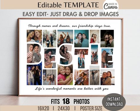 Editable 18-Photo BESTIE Collage TEMPLATE Custom DIY Printable Friends Day/Birthday Gift Personalized Appreciation Poster 8x10/16x20 Print by ARTPIXSEMBLE on Etsy Birthday Photo Frame Collage, Photo Bestie, Printable Friends, Photo Collage Design, Friends Day, Collage Template, Collage Design, Diy Printable, Personalized Birthday Gifts