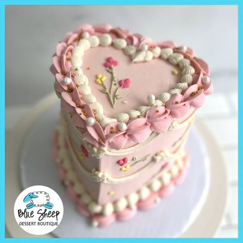 Pink heart shaped cake with wildflower piping Birthday Cake For 23 Year Old Women, Lambeth Heart Cake, Heart Cakes Birthday, Wildflower Decorations, 6 Months Birthday Cake, Wedding Cakes Pink, Lambeth Cakes, Colorful Wedding Cake, Pink And White Cake