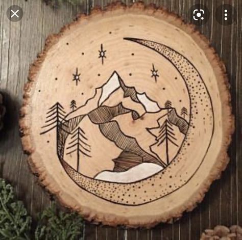 Burning Mountain, Wood Burn Designs, Wood Art Design, Wood Slice Art, Woodburning Projects, Into The Wood, Wood Art Projects, Wood Burning Crafts, Wood Burning Patterns