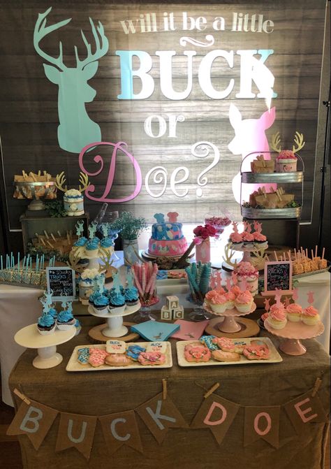 Gender Reveal Ideas Buck Or Doe, Doe Or Buck Gender Reveal Ideas, Buck Or Doe Gender Reveal Decorations, Bucks And Does Gender Reveal, Gender Reveal Ideas Hunting, Hunting Gender Reveal Ideas For Party, Gender Reveal Deer Theme, Gender Reveal Ideas Nature, Gender Reveal Buck Or Doe