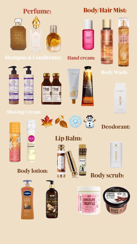 How to smell like Amber, chocolate, and vanilla this winter and fall/autumn includes perfumes, body and hair mist lotion deodorant shaving cream body scrub body wash shampoo and conditioner lip balm hand cream. Natural Body Scrub, Eos Lip Balm, Shea Butter Hand Cream, Makeup Accesories, Basic Skin Care Routine, Body Smells, Cream Body, Hair Mist, Beauty Skin Care Routine