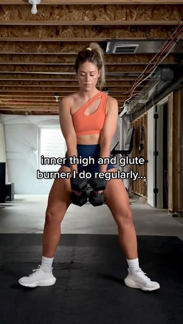 Dumbbell Squats Women, Dumbell Squats Women, Back Dumbell Workout For Women, Inside Thigh Workout, Dumbell Workout Women, Squats With Dumbbells, Dumbell Squats, Dumbbell Workouts For Women, Movement With Julie