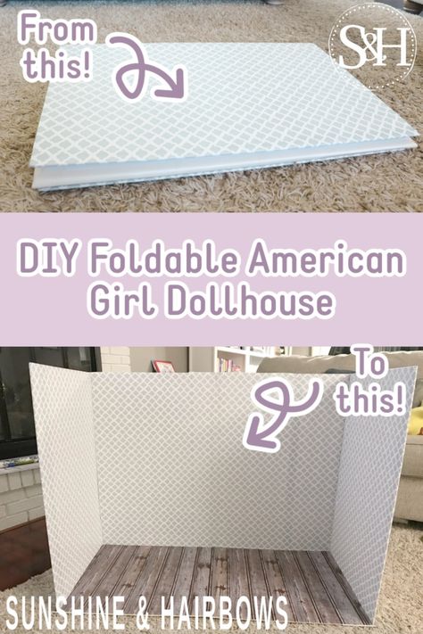 DIY Foldable Dollhouse for American Girl Dolls – Sunshine and Hairbows Foldable Doll House Diy, American Doll Furniture Diy, Diy American Girl Doll Furniture, Diy American Girl Doll Stuff, Diy American Girl Doll House, American Girl Doll House Diy, Diy Doll Room, American Doll House, Ag Doll House