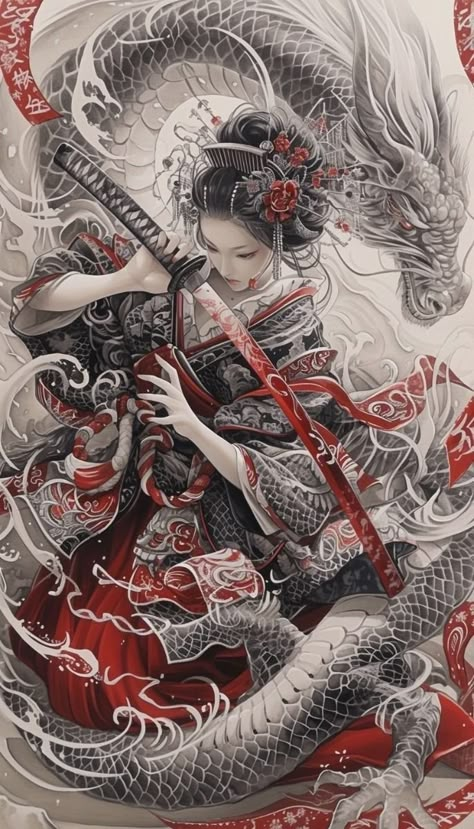 Female Samurai Tattoo, Japanese Art Samurai, Samurai Tattoo Design, Female Samurai, Geisha Tattoo, Samurai Artwork, Geisha Art, Samurai Tattoo, Warrior Tattoo