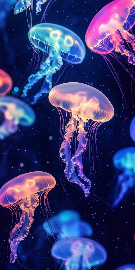 Dive into the mystical beauty of these bioluminescent jellyfish, floating gracefully in the deep ocean. Their vibrant glow creates a magical underwater scene perfect for lovers of marine life and all things ethereal. 🦑💡 #Jellyfish #UnderwaterMagic #OceanGlow #MarineLife... Bioluminescent Jellyfish, Deep Sea Jellyfish, Sea Jellyfish, Cherub Art, Lily Images, Magical Underwater, The Deep Ocean, Jellyfish Print, Deep Sea Diving