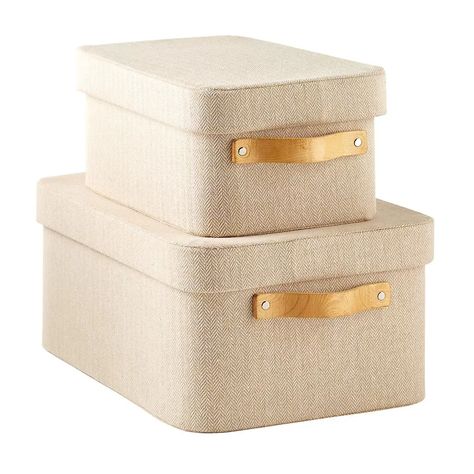 Herringbone Storage Boxes with Wooden Handles | The Container Store Claremont House, Organizing Linens, Sweater Storage, Decorative Storage Baskets, Coastal House, Decorative Storage Boxes, Acrylic Storage, Canvas Storage, Wicker Baskets Storage