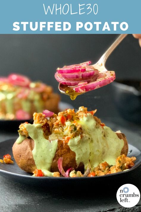 This stuffed potato is soul satisfying and incredibly delicious. It's perfect for a Whole30 weeknight dinner with some great leftovers! #nocrumbsleft #whole30recipes #whole30weeknight #bakedpotatorecipes No Crumbs Left, Scalloped Potato Recipe, Stuffed Baked Potato, Food Potatoes, Staple Recipes, Creamy Scalloped Potatoes, Scalloped Potato, Stuffed Potato, Whole30 Dinner