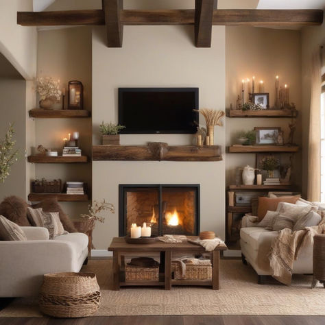 #cozy Rustic Living Space featuring a conversational setup. perfect for a Modern Farmhouse with touches of bohemian and rustic style. #modernfarmhouse #fireplace #conversationroom #floatingshelf #beams #ratanbaskets #candlesticks #farmhouse #rustic #bohemian #minimalist #livingroom #livingspace Rustic Cream Living Room, Brown Rock Fireplace Living Room, Rustic Farmhouse Living Room Ideas, Neutral Living Room With Log Burner, Woody Earthy Living Room, Rustic Chic Living Room, Farmhouse Chiratmas Family Room, Living Room Design Board, Rustic Farmhouse Living Room