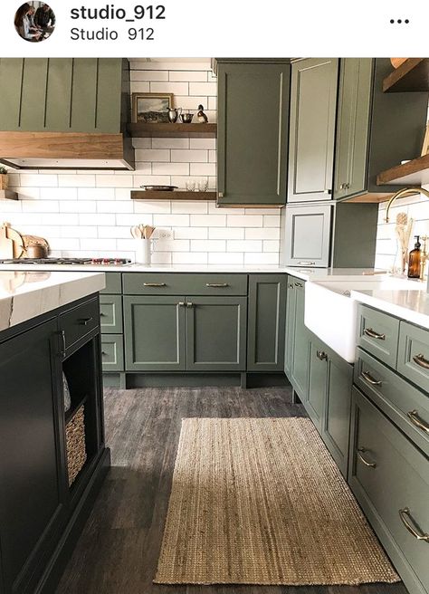 Earth Green Kitchen Cabinets, Black Island Green Cabinets, Green Cabinets And Grey Walls, Dark Green Cabinets White Countertops, Dark Sage Green Cabinets, Dark Sage Kitchen Cabinets, Sage Green Kitchen Dark Floor, Kitchen Cabinet Color Green, Kitchen Cabinet Accent Color