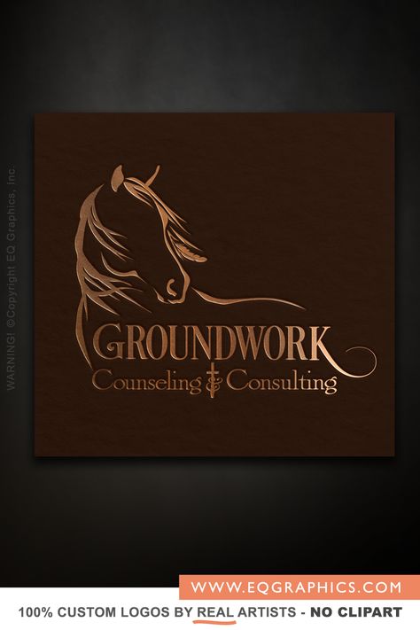 A counseling logo needs to evoke a feeling of peace and freedom. Dena had perused counseling logo samples prior to her brainstorming session, and had some ideas of her own to bring to the design table. We created a line art illustration of a horse whose feather adorned mane is blowing in the wind to bring an untamed feeling to Dena’s custom logo design. The business name is hand lettered below the spirited horse sketch in a western style serif font. Ranch Logo Design Ideas, Horse Logo Design Ideas, Logo Cheval, Counseling Logo, Horse Symbol, Horse Logo Design, Farm Logo Design, Examples Of Logos, Horse Brand