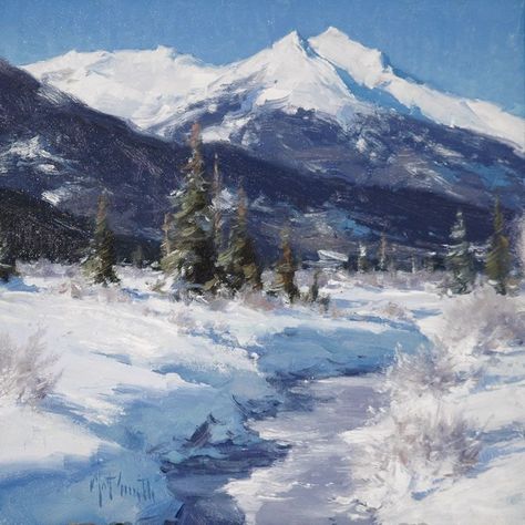 Snow Paintings, Winter Paintings, Winter Landscape Painting, Painting Snow, Winter Painting, Winter Scenery, Matt Smith, Snow Scenes, Mountain Paintings