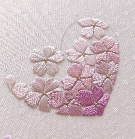 Embroidery Pink Fabric, Embroidered Cherry Blossoms, Delicate Flower Embroidery, Embroidery On Pink Fabric, Sakura Embroidery, Kawaii Embroidery, Cherry Blossom Embroidery, Sulaman Pita, Simple Hand Embroidery