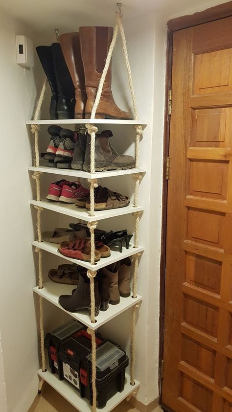 Hanging Shelves Closet, Shelves For Shoes, Suspended Shelves, Minwax Stain Colors, Diy Crafts Easy At Home, Hanging Rope Shelves, Diy Shoe Rack, Dollar Store Diy Organization, Diy Hanging Shelves