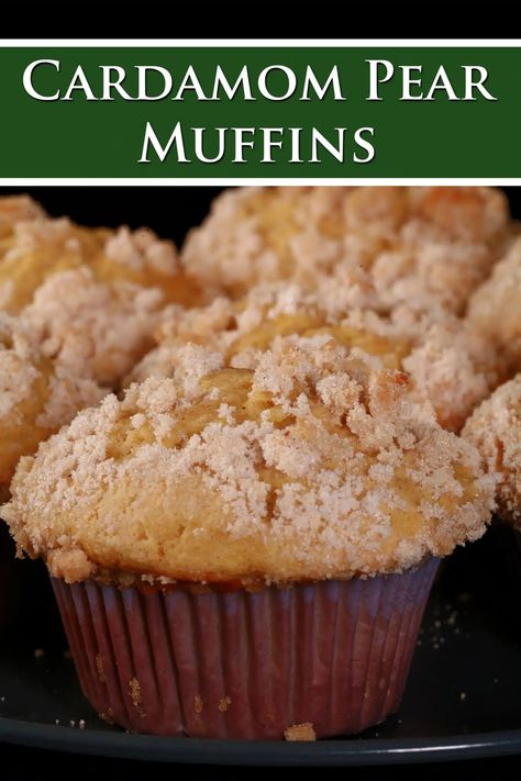 A plate of fresh pear muffins. Overlaid text says cardamom pear muffins. Pear Muffins Recipes, Muffins With Streusel Topping, Christmas Muffins, Minnesota Food, Pear Bread, Pear Muffins, Muffin Streusel, Quick Breakfast Recipes, Pear Recipes