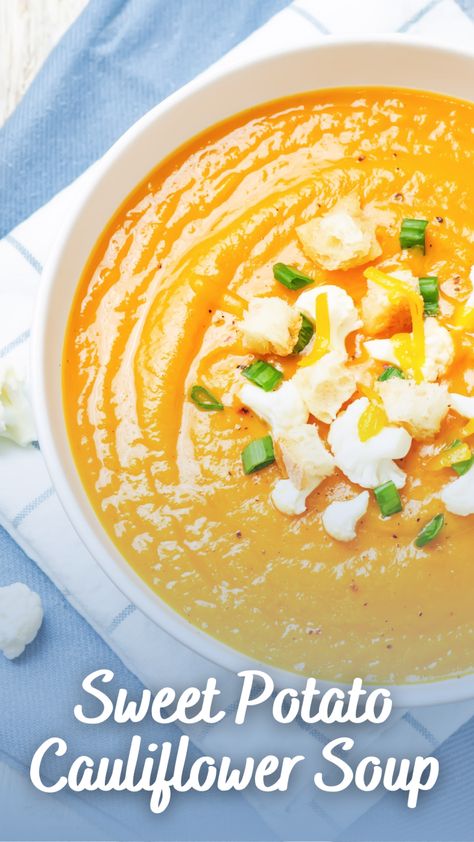 Soups Using Cauliflower, Sweet Potato And Cauliflower Soup, Squash Cauliflower Soup, Soups With Cauliflower, Cauliflower Veggie Soup, Taste Of Home Cauliflower Soup, Frozen Cauliflower Soup Recipes, Sweet Potato Cauliflower Soup, Riced Cauliflower Soup