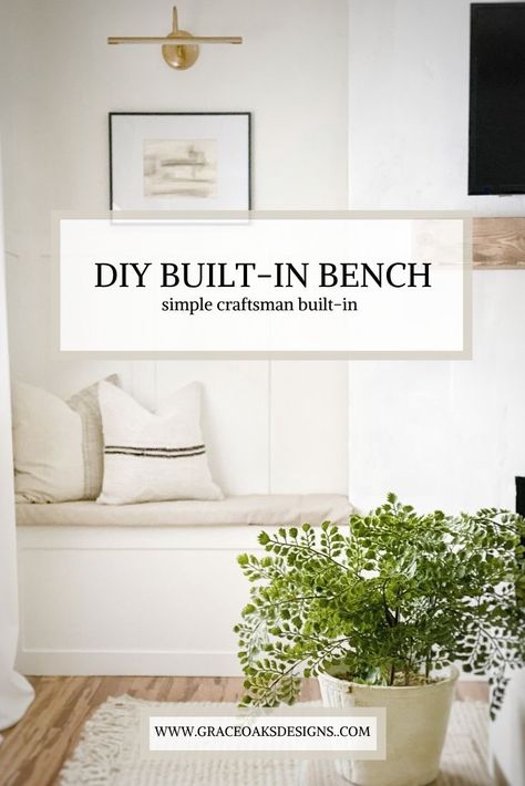 Simple craftsman style built-in bench with fireplace. White concrete fireplace and painted white built-in bench. Cozy linen cushion and throw pillows. Picture light hung above with landscape art. Built In Shelves With Bench, Built In Bench Next To Fireplace, Built In Bench With Shelves, Built In Bench By Fireplace, Fireplace Bench Seating Diy, Diy Fireplace With Shelves, Fireplace With Storage Bench, Diy Fireplace Bench, Ikea Wall Built In