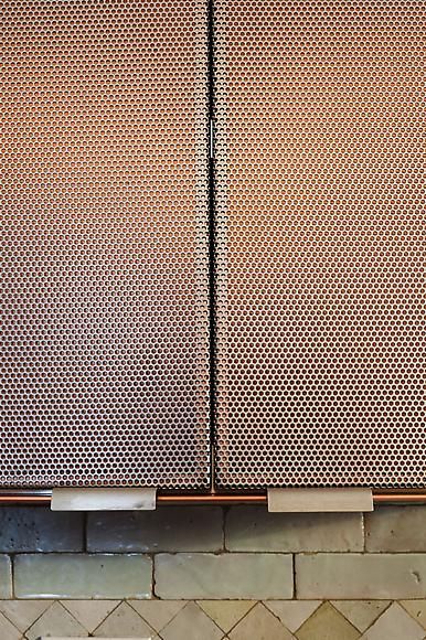 Murdock Young Architects : Further Lane Kitchen: Perforated Metal Texture, Metal Cabinets, Architecture Kitchen, Perforated Steel, Materials Texture, Robert Young, Studio House, Stainless Backsplash, Cabinet Material