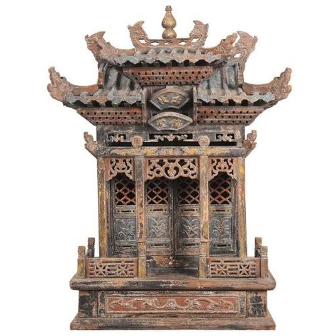 Rare And Special Buddhist Temple Shrine. North China.1850. | 803714 | Sellingantiques.co.uk Chinese Shrine, Shrine Art, Buddha Shrine, Eastern Architecture, Shrines Art, Altar Design, Buddha Figures, Ancient Greek Architecture, Roof Architecture