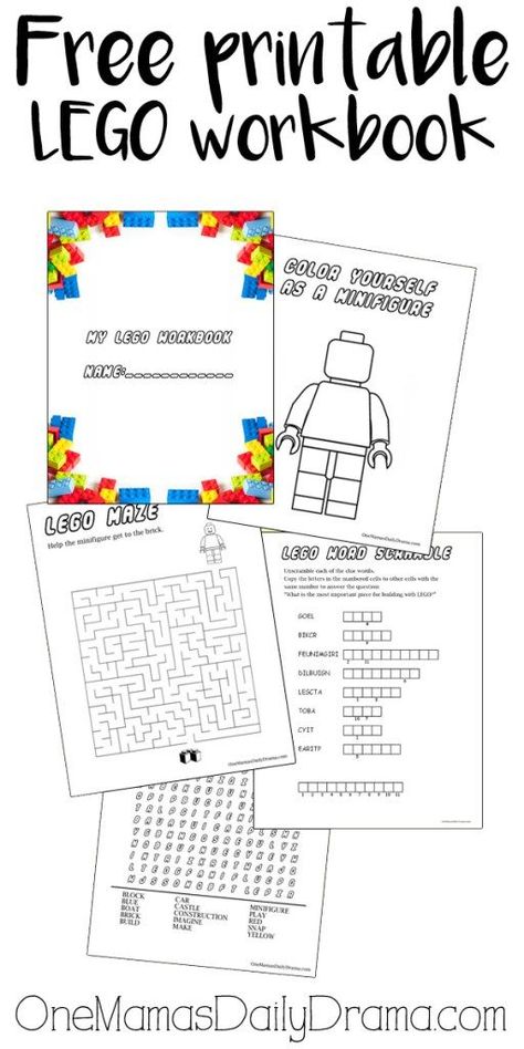 Free printable LEGO workbook | 4 pages of puzzles for LEGO loving kids! Coloring page, maze, word search, and word scramble. Plus this blog has a TON more LEGO printables! Lego Challenge Cards Free Printable With Pictures, Lego Worksheets Free Printables, Lego Themed Crafts, Lego Worksheets, Lego Desserts, Lego Learning Activities, Lego Maze, Lego Classroom, Daily Drama