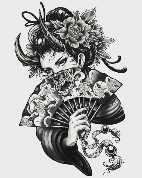 Female Samurai Tattoo, Tato Geisha, Japanese Geisha Tattoo, Female Warrior Tattoo, Geisha Tattoo Design, Oni Tattoo, Hannya Mask Tattoo, Samurai Tattoo Design, Armband Tattoos