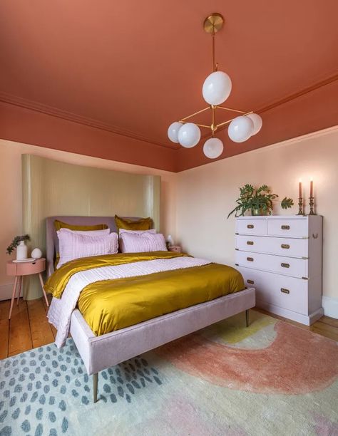 West Elm Bedroom, Rugs Layout, Bedroom Reveal, Pink Baths, Painted Ceiling, Boho Living Room, Ceiling Decor, Pink Walls, Bed Room