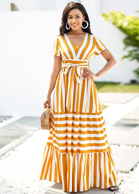 Short Sleeve Striped V Neck Belted Dress | Rosewe.com - USD $28.99 Vertical Striped Dress, Latest Dress For Women, Party Dress Sale, Fashion Dresses Online, Club Party Dresses, Short Dresses Casual, Trendy Clothes For Women, Short Sleeve Dress, Clothes Accessories