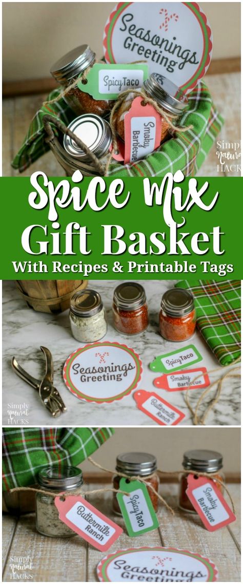 You can use homemade spice mixes for gifts by placing the spice mix in mason jars and add our free printable gift tags. Then add the spice jars to a basket. Includes 3 spice mix recipes. Mixes For Gifts, Spice Mix Gift, Spice Gift Basket, Homemade Spice Mixes, Diy Spice Mix, New Year's Desserts, Homemade Spice Mix, Spice Mix Recipes, Spice Gift