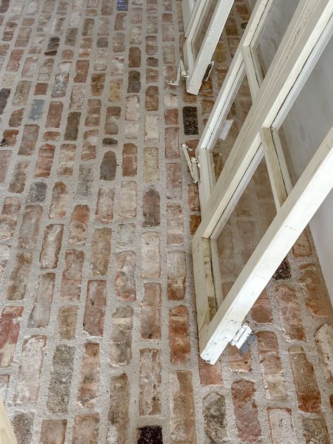 White Cottage Farm Kitchen Reno - Brick Laying Update 11 Brick Paver Tile Floor, Brick Tile Pattern, Reclaimed Brick Floor, Brick Pavers Kitchen, Lake Mudroom, Brick Range Hood, Stove Cove, Brick Floor Bathroom, Brick Entryway