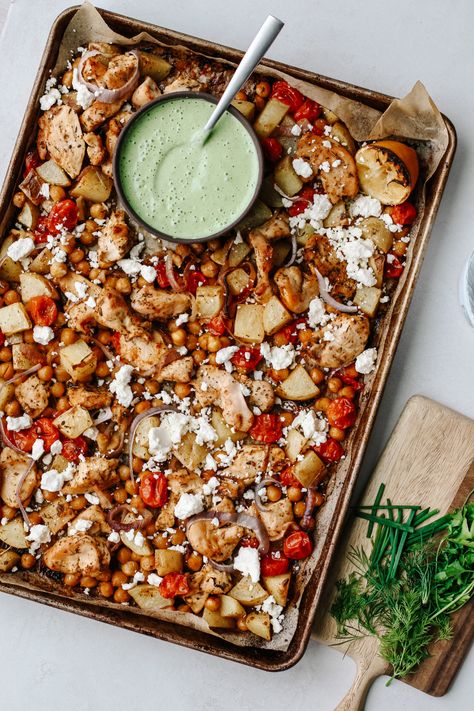 Traybake Chicken, Chicken And Veggie Sheet Pan, Easy Sheet Pan Meals, Green Goddess Sauce, Sheet Pan Chicken And Veggies, Pan Chicken And Veggies, Chicken Chickpeas, Ina Garden, Goddess Greek