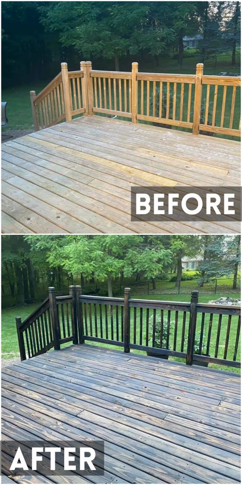 DIY Burnt Wood Deck- how to stain your outdoor deck. Beautiful diy project for summer time. Farmhouse deck idea. Best Way To Stain A Deck, Back Deck Diy Ideas, Black Wood Stain Outdoor, Black Stain Porch, Repainting Deck Wood, Old Deck Makeover Diy, Deck Painting Ideas Wood, Stained Deck Ideas, Burnt Wood Projects