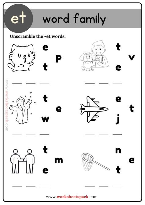 Et Word Family Unscramble the Words Worksheets - Printable and Online Worksheets Pack Ad Word Family Worksheets, Et Family Words Worksheet, Et Family Words, Et Word Family, Vcv Words, Jumbled Words, Cvc Word Work, Preschool Activities Printable, Teach English To Kids