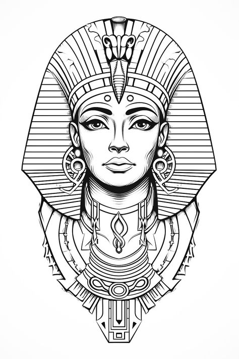 Еnigmatic world of ancient Egypt through a vintage portrayal of a woman donning traditional Egyptian attire, immortalized in a captivating black and white tattoo. #Egyptian #Vintage #Tattoo #Elegance #BlackAndWhite #AncientEgypt #Art #Culture Ancient Egypt Black And White, Egyptian Ornamental Tattoo, Pharoah Tattoo Women, Egyptian Line Tattoo, Ancient Egyptian Tattoo Design, Egyptian Queen Tattoo Goddesses, Nefertiti Tattoo Design Egyptian Goddess, Egyptian Women Tattoo, Ancient Egyptian Art Drawing