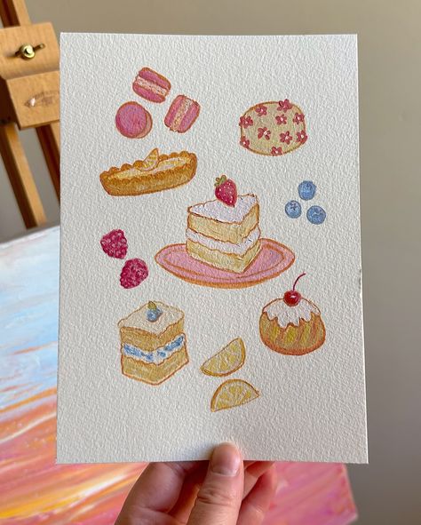 CAKE! 🍰 lots of little cakes today🧁🍓🫐 Another really fun painting from today, I had some great suggestions for this one 🫶🙌✨ I’m definitely seeing a range of these in development ✏️👀✨ #foodart #cakeillustration #cutecakes #cuteaesthetic #strawberrycake #illustration #acrylicpainting Small Colorful Drawings, Artsy Things To Do, Journal Illustration Ideas, Simple Color Pencil Drawing Ideas, Cake Oil Pastel, Cute Cake Illustration, Cake Drawing Aesthetic, Watercolor Art Food, Pastry Drawing