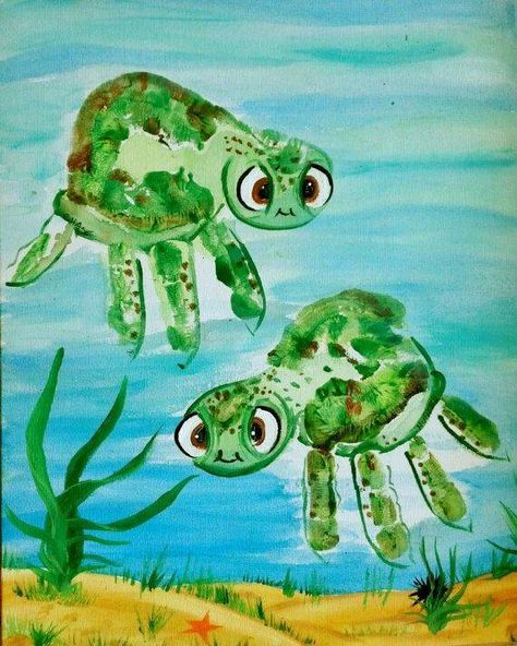 Turtle Handprint Art...adorable Hand & Footprint Art Ideas! Kiddie Academy, Infant Activity, Oppgaver For Barn, Hand Print Art, Infant Art, Babysitting Crafts, Abc Crafts, Preschool Units, Footprint Crafts