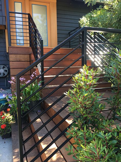 Gallery - Blackbird Iron & Design - Seattle, WA Front Railing Ideas, Metal Railing Front Porch, Outdoor Step Railing Ideas, Exterior Metal Railing, Exterior Stair Railing Ideas, Entry Stairs Exterior, Wood Front Steps, Front Stairs Ideas Exterior, Monterey House