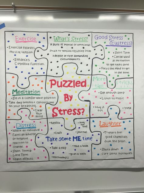 Puzzled by stress? Board. RA Mental Health Office Decor Ideas Offices, Self Care Bulletin Board Ideas, Mental Health Month Bulletin Board Ideas, Health Class Bulletin Boards, Mental Health Activity Ideas High School, Brain Bulletin Board, School Office Bulletin Board Ideas, Mental Health Bulletin Board Ideas, School Counseling Bulletin Boards