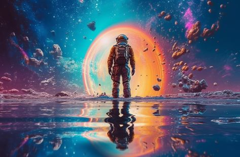 stronng planets i space, colorful, ultrarealistic, aut walking over water with the water reflecti8k Outer Space Wallpaper, Art Spatial, Astronaut Wallpaper, Art Fractal, Desktop Wallpaper Art, Astronauts In Space, Fantasy Landscape, Fractal Art, Space Art