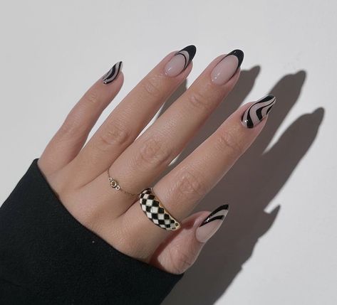 Black Almond Nails French Tip, Black And White Swirl Nails Almond, Black Nails Rock Style, Pretty Black Nails Acrylic, Black Tie Nails, Cyberpunk Nails Black, Techno Nails, Edgy Black French Tip Nails, Black And White Alternating Nails