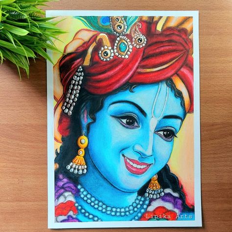 Krishna Ji Pencil Colour Sketch, Krishna Painting Oil Pastels, Cartoon Krishna Drawing, Radha Krishna Oil Pastel Drawing, Krishna Drawing Colour, Krishna Oil Pastels Drawing, Radha Krishna Modern Art Paintings, Cartoon Krishna, Krishna Ji Drawing