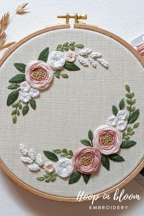 White and pink rose wreath embroidery PDF pattern. #handembroidery #wreathembroidery #wovenwheel #wovenrose Flower Embroidery Wreath, White Flower Embroidery Designs, Embroidery Hoop Flower Design, Floral Embroidery Wreath, Embroidery Wreath Pattern Free, Pink Rose Embroidery, Embroidery White Flowers, White Rose Embroidery, Flower Crown Embroidery