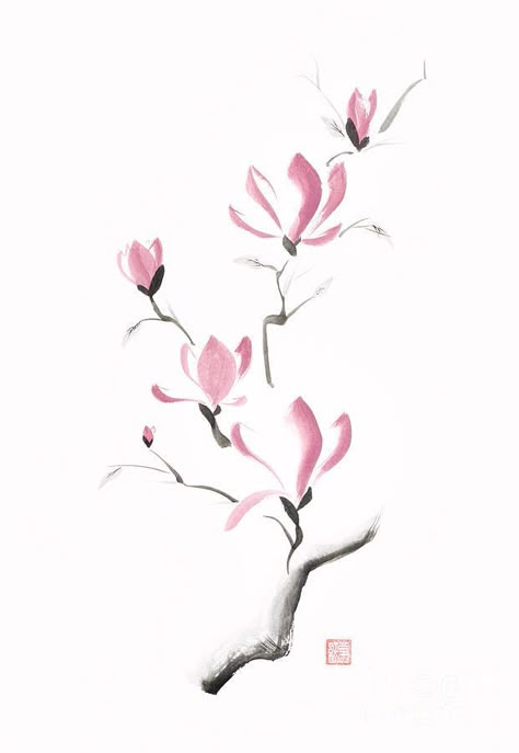 Sumi E Tattoo, Japanese Mural, Japanese Florals, Magnolia Logo, Sumi Painting, Magnolia Painting, Branch Painting, Chinese Painting Flowers, Japanese Ink Painting