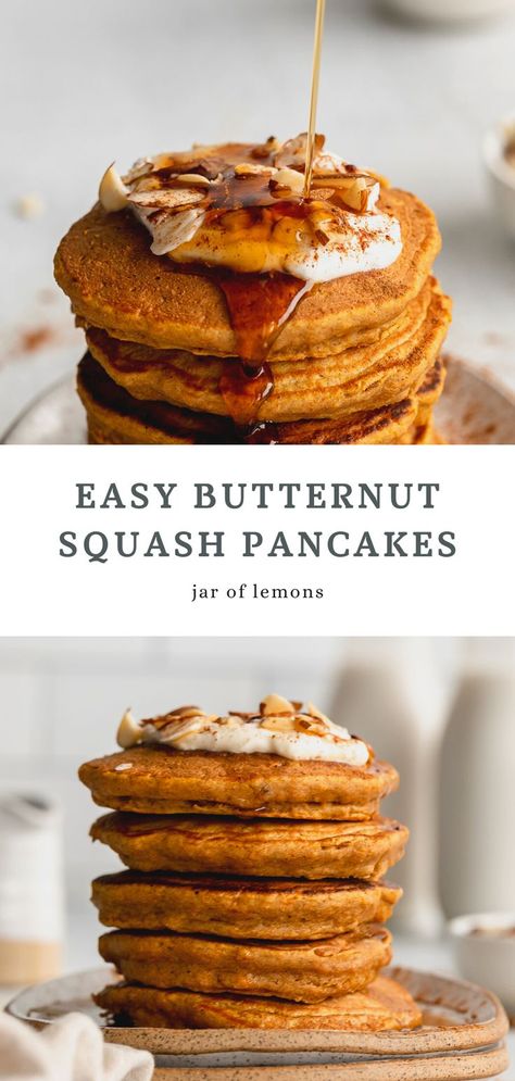 Two images of butternut squash pancakes. Canned Butternut Squash, Butternut Squash Breakfast, Butternut Squash Pancakes, Squash Pancakes, Healthy Squash Recipes, Butternut Squash Cinnamon, Healthy Butternut Squash, Easy Butternut Squash, Butternut Squash Puree