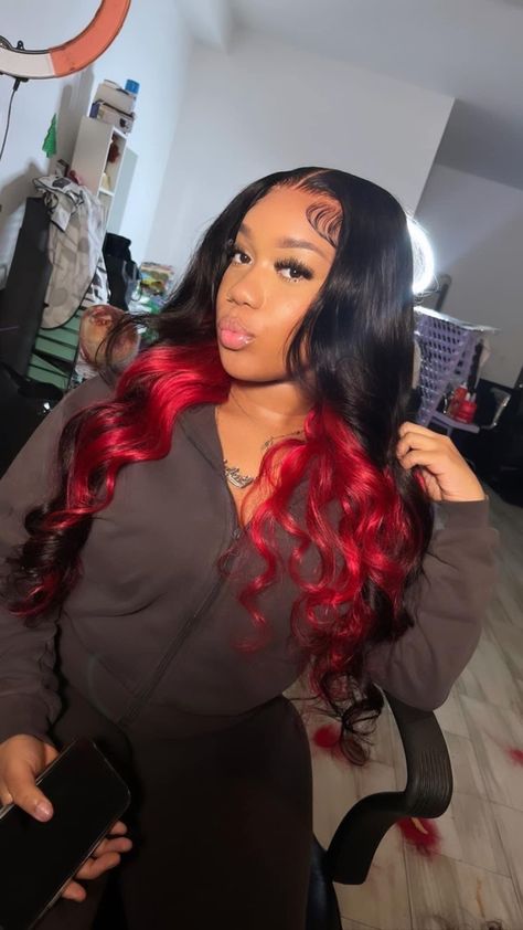 Red Peekaboo Sew In, Red Picaboo Hair, Quick Weave With Peekaboo, Burgundy Red Wig Black Women, Red Peek A Boo Hair, Red And Black Sew In, Red Quick Weave Hairstyles, Peak A Boo Hair, Curly Sew In Weave