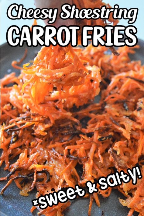 You only need 5 ingredients to make these incredible Cheesy Shoestring Carrot Fries. Shredded carrots, olive oil, Parmesan cheese with a little salt and pepper are delicious and healthy combination!  Every taste is naturally sweet from the carrots, covered in parmesan cheese and perfect for all occasions. This is an amazing side dish that goes well with steak, chicken, fish and vegetarian burgers! Grated Carrots Recipes, Carrot Hashbrown, Ways To Use Shredded Carrots, Carrot Shavings Recipe, Matchstick Carrot Recipes, Shredded Carrots Recipes, Shredded Carrot Recipes, Carrots Fries, Shredded Carrot Recipe