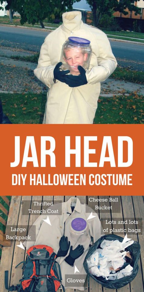 DIY Costume - make a jar head Halloween costume! via www.thirtyhandmadedays.com Boys Halloween Costumes Diy, Halloween City, Diy Halloween Games, Diy Kostüm, Diy Halloween Costumes Easy, Diy Halloween Projects, Diy Costume, Boy Halloween Costumes, Homemade Halloween